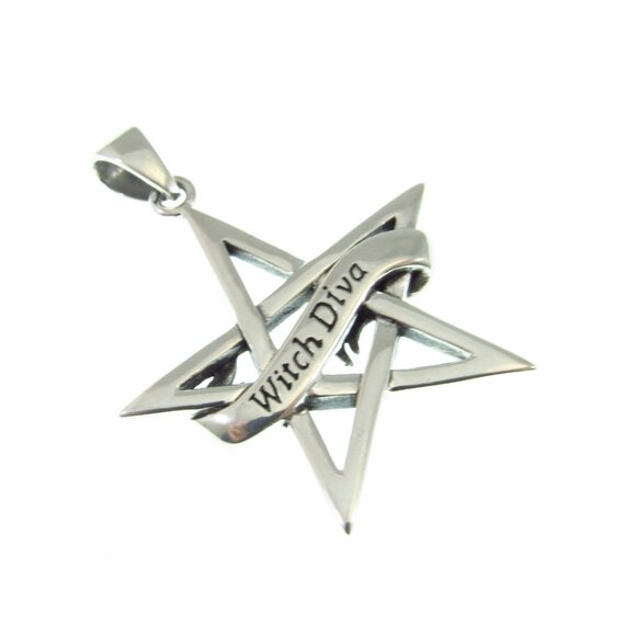 Solid 925 Sterling Silver Witch Diva Pentagram Pendant, Pagan Occult Jewelry - Picture 6 of 9